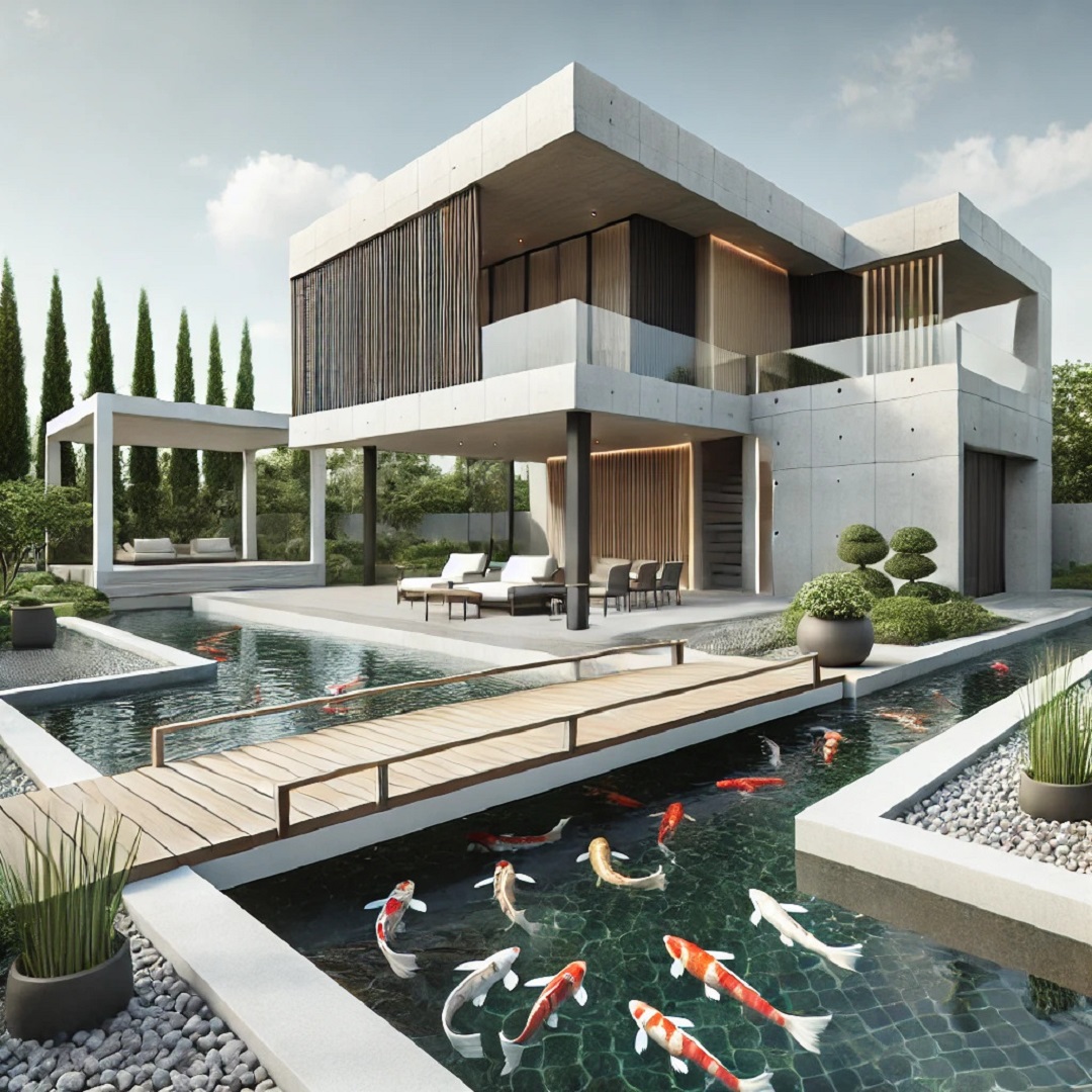Hồ cá Koi phong cách nhật với cầu gỗ cho biệt thư và villa