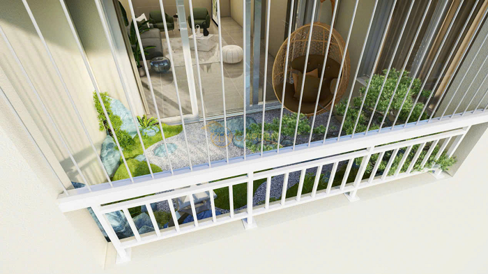 Vườn thiền cho ban công chung cư với cây cảnh, đá cuội và hệ thống chiếu sáng nhẹ nhàng, giúp bạn có một không gian sống thư giãn.