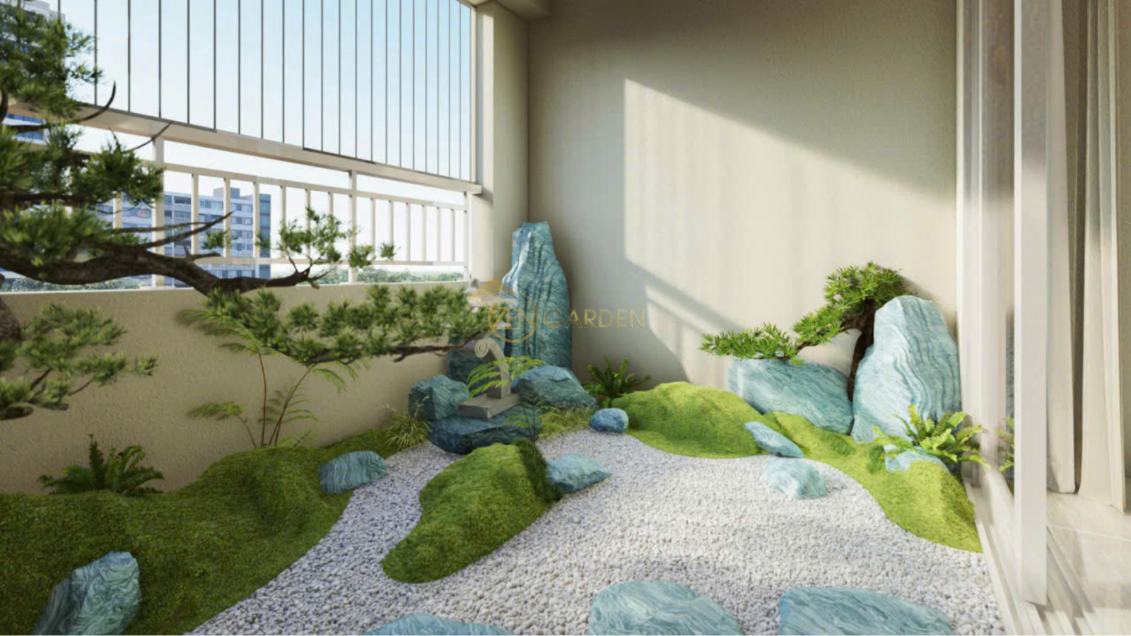Ban công vườn thiền đẹp mắt với đá cuội, cây cảnh xanh mát, tạo không gian sống thư giãn hoàn hảo cho căn hộ của bạn