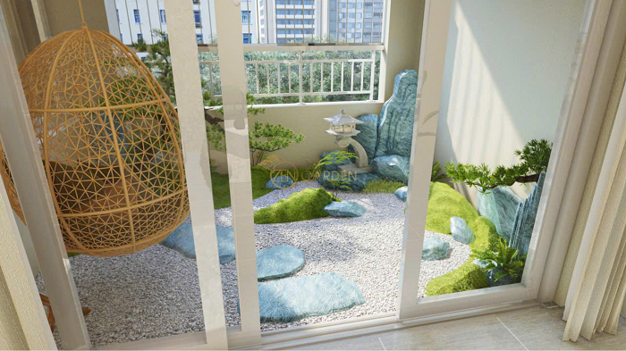 Một góc ban công vườn thiền phong cách Nhật Bản, với đá, cây cảnh và đèn lồng đá mang lại sự thanh tịnh cho không gian sống