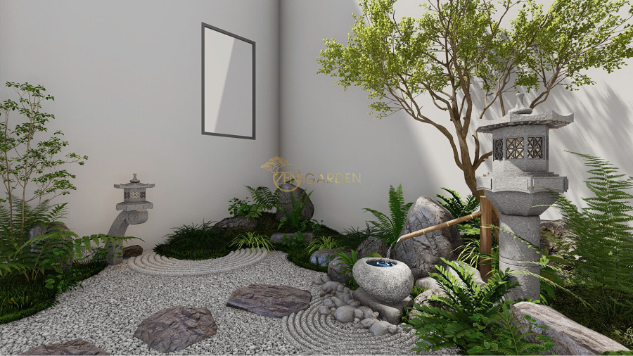 Chi tiết ống tre và bồn nước đá trong tiểu cảnh giếng trời Nhật Bản