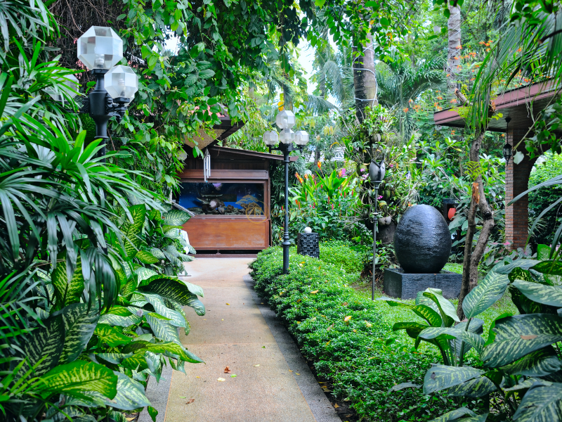 Đường đi uốn lượn mềm mại, lát đá qua vườn, hai bên là các loại cây xanh phong thủy, cỏ xanh mướt.