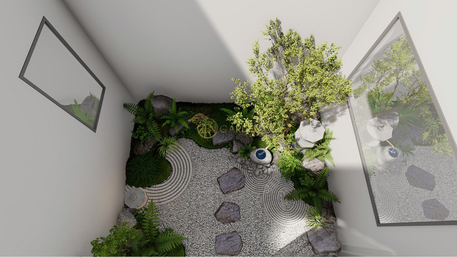 Thiết kế giếng trời cho nhà phố nhìn từ trên cao theo phong cách Nhật Bản