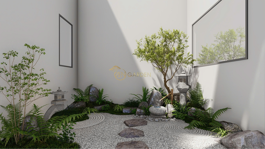 Giếng trời đẹp phong cách sân vườn Nhật với đá và cây xanh