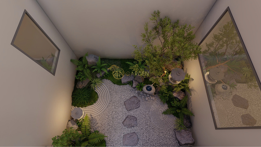 Giếng trời đẹp cho nhà phố khi bật đèn ban đêm – phong cách Nhật tinh tế