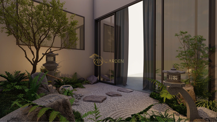 Sân vườn Nhật trong không gian giếng trời nhà phố hiện đại