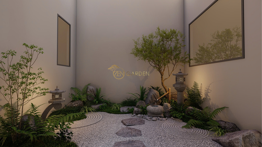 Góc giếng trời sân vườn Nhật vào ban đêm với ánh sáng thư giãn