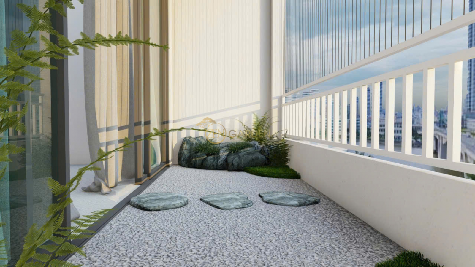 Điểm dừng thiền với cụm đá và cây xanh bố trí tối giản