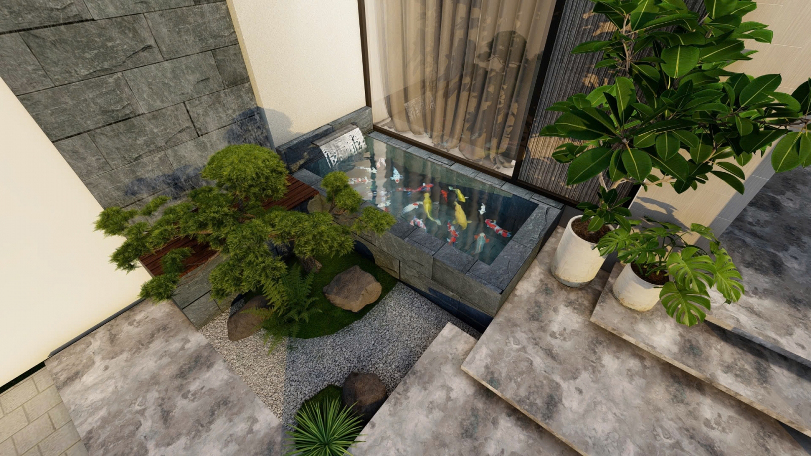 Góc nhìn từ trên xuống hồ cá Koi nhỏ gọn trong sân nhà phố