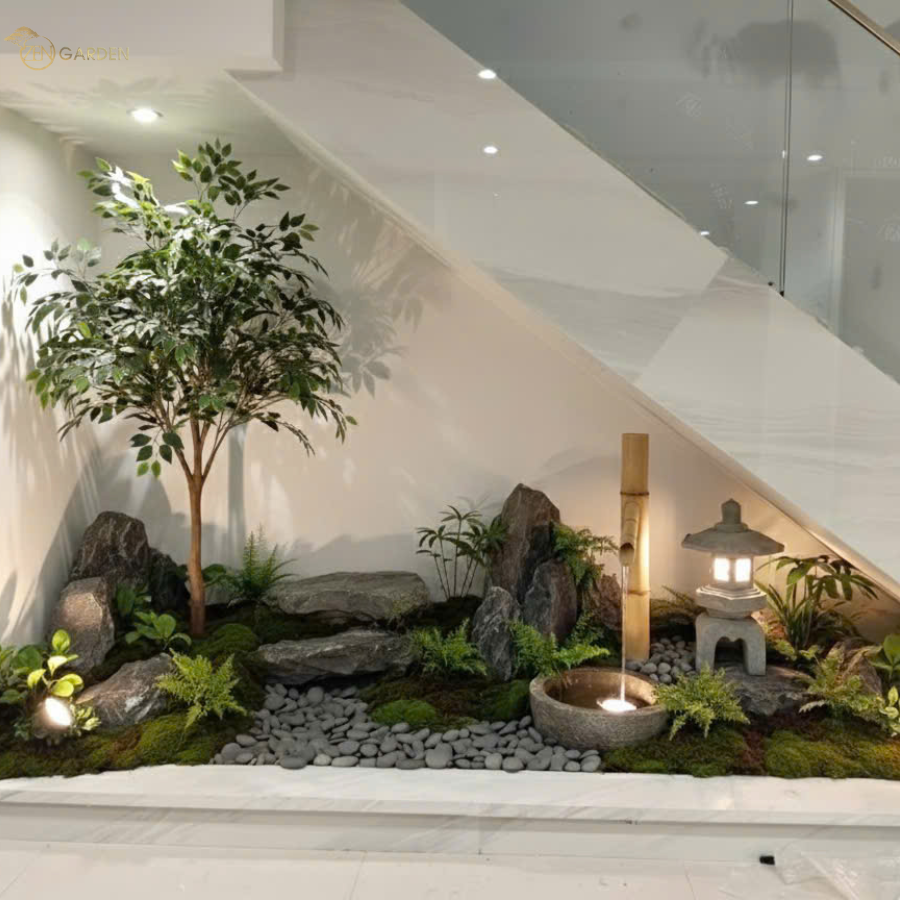 Hoàn thiện tiểu cảnh gầm cầu thang nhà phố do Zen Garden thiết kế