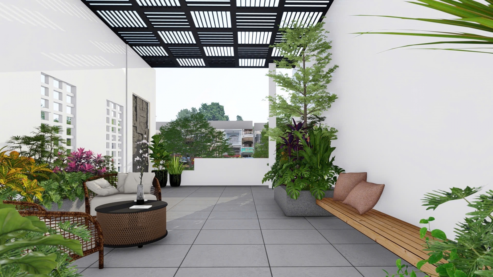Thiết kế sân vườn sân thượng cho nhà ống với bố cục tối giản và hiện đại