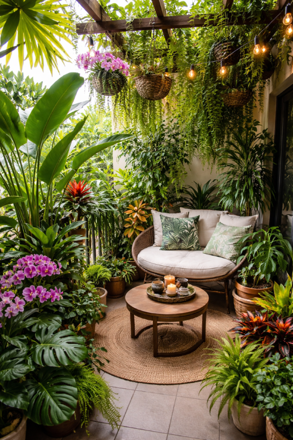Sân vườn nhiệt đới ban công nhỏ với cây lá lớn và góc thư giãn