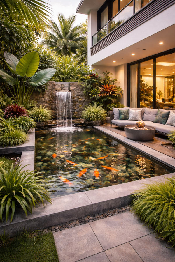 Sân vườn nhiệt đới kết hợp hồ nước tạo không gian mát mẻ