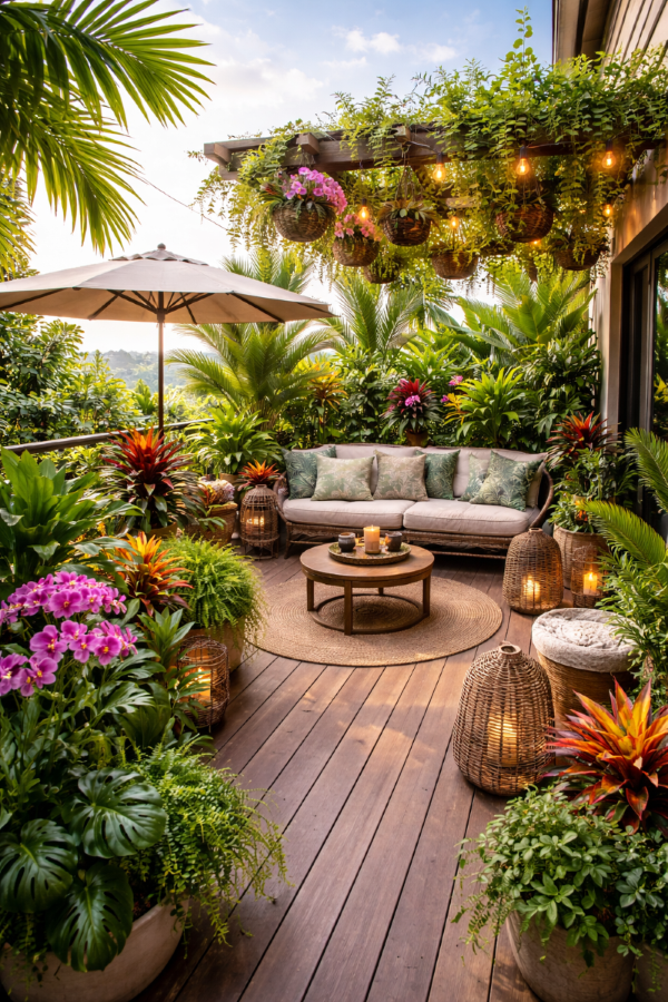 Sân vườn nhiệt đới sân thượng đẹp kết hợp không gian nghỉ ngơi