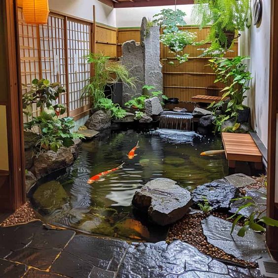 Hồ cá Koi mini trên sân thượng tạo điểm nhấn sang trọng cho không gian sống.