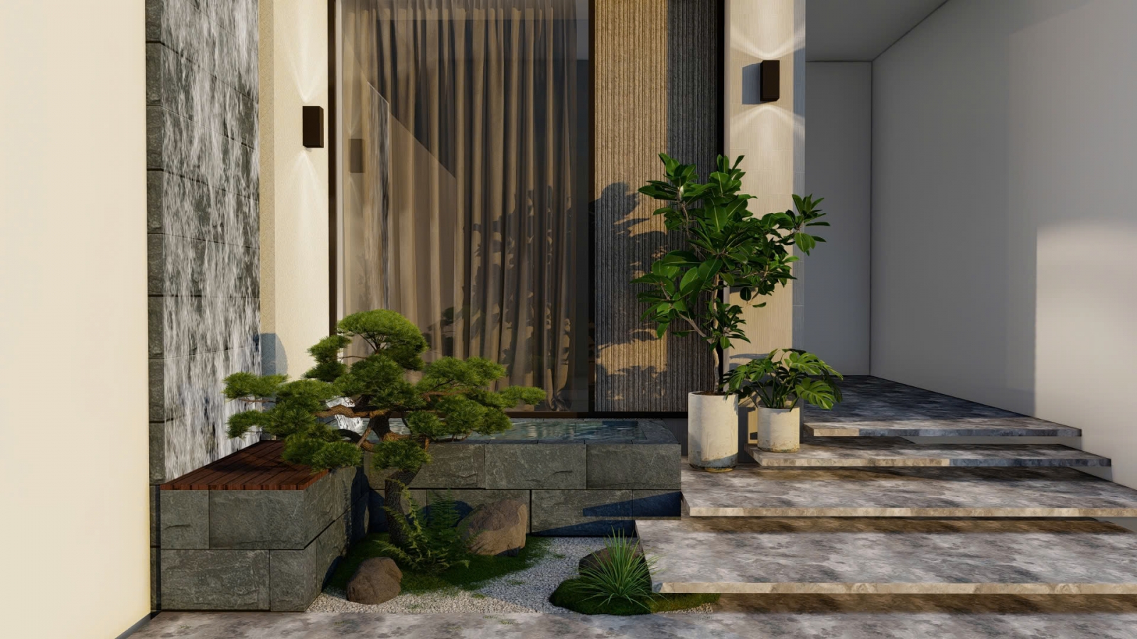 Toàn cảnh thiết kế tiểu cảnh hồ cá Koi hiện đại sát cửa kính