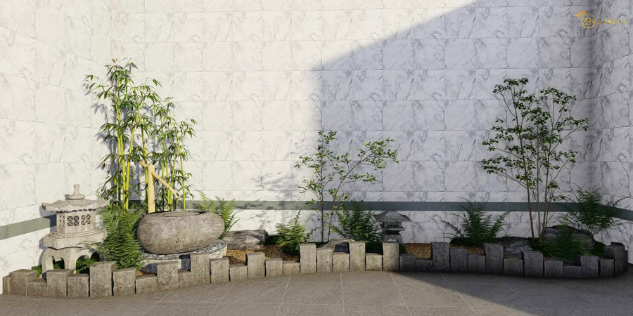 Tiểu cảnh Nhật với đèn đá, trúc xanh và chậu nước đá đặt tại góc sân nhỏ, tạo không gian thiền định yên tĩnh.