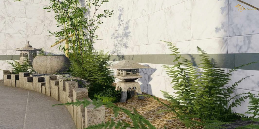 Bố cục tiểu cảnh Nhật mang hơi hướng Zen hiện đại, sử dụng tường sáng và tiểu vật đặc trưng, phù hợp không gian nhà phố đô thị.