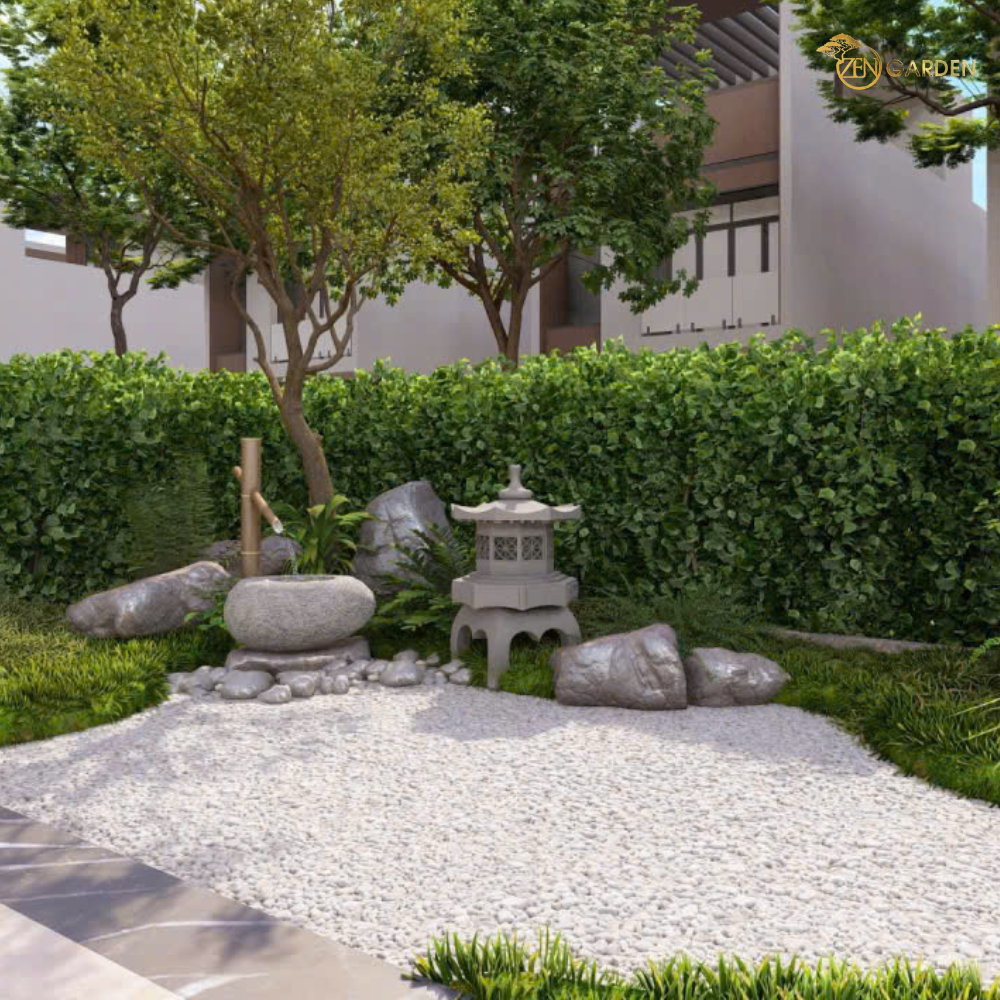 Góc nhìn gần cụm đèn đá và chậu nước thiền – mang lại chiều sâu cho thiết kế