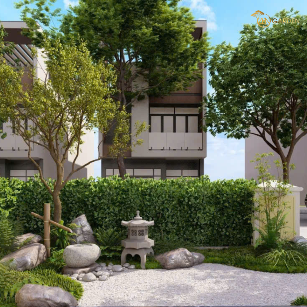 Tiểu cảnh vườn Nhật đặt tại sân trước – kết hợp đá, sỏi, đèn đá và cây xanh hài hòa