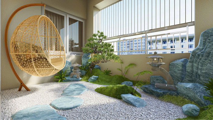 Không gian vườn thiền tại ban công với cây bonsai nhỏ, đá cuội và ánh sáng dịu nhẹ, mang đến cảm giác bình yên và thư giãn.